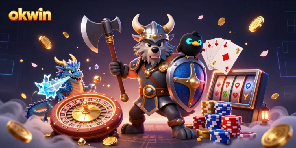 Cascade golden coins and vibrant poker chips while enjoying okwin gaming excitement in a dynamic 3D scene