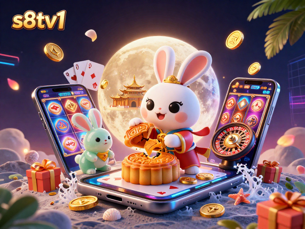 Join the fun at s8tv1 with the moon rabbit gambling on poker chips in a dynamic casino scene.
