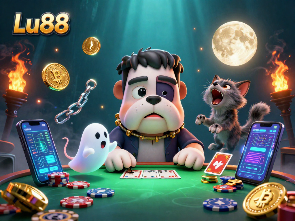 Lu88 players enjoying a lively gaming scene with a cartoon bulldog dealer, vibrant casino elements, and exciting crypto themes.