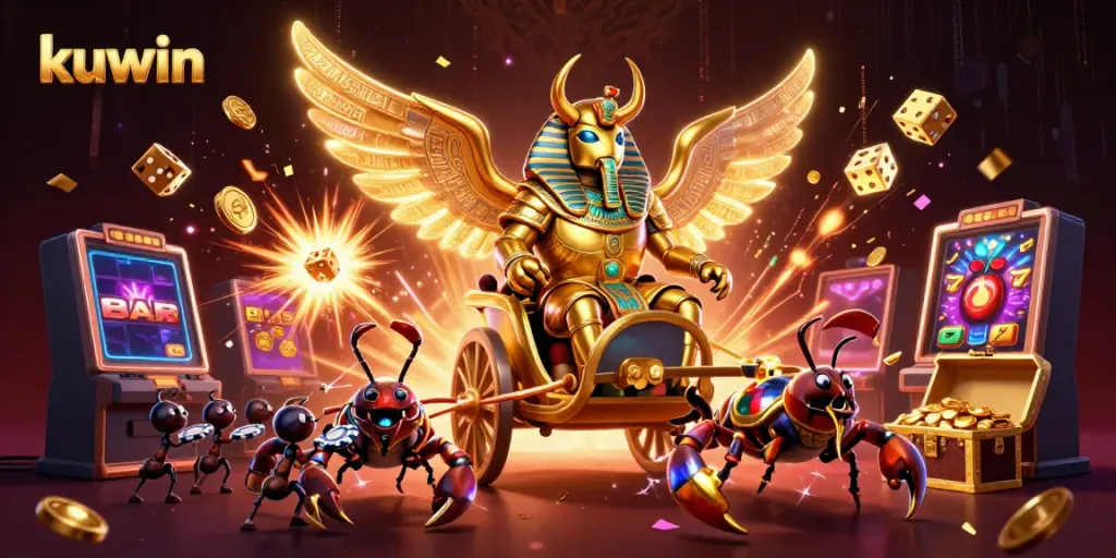 Kuwin offers high winning opportunities with a vibrant casino scene featuring a golden scarab in action.