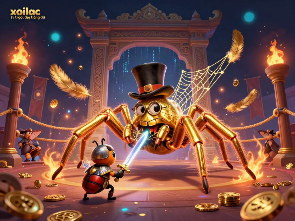 Xoilac tv trực tiếp bóng đá showcases an artistic battle scene with a giant golden tarantula engaging a beetle knight in a vibrant casino setting.