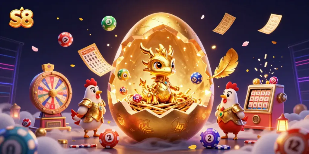S8 brings luck with a golden dragon gaming scene, showcasing vibrant casino elements.
