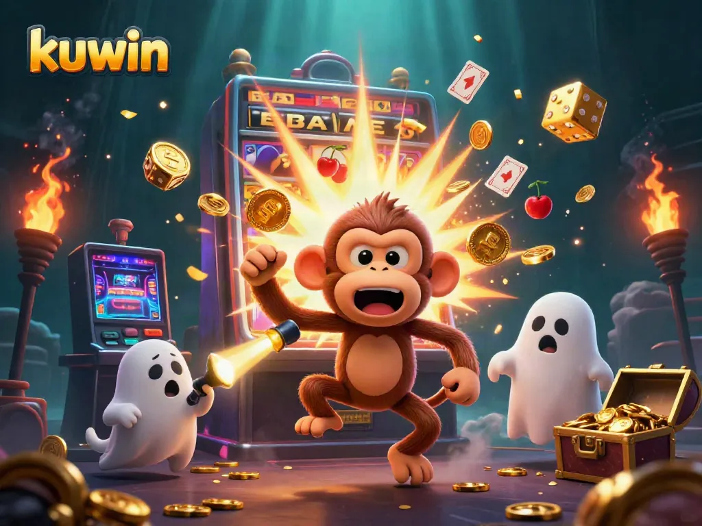 Experience the thrill of kuwin with a vibrant casino scene featuring a mischievous monkey and a curious puppy amidst gaming excitement.