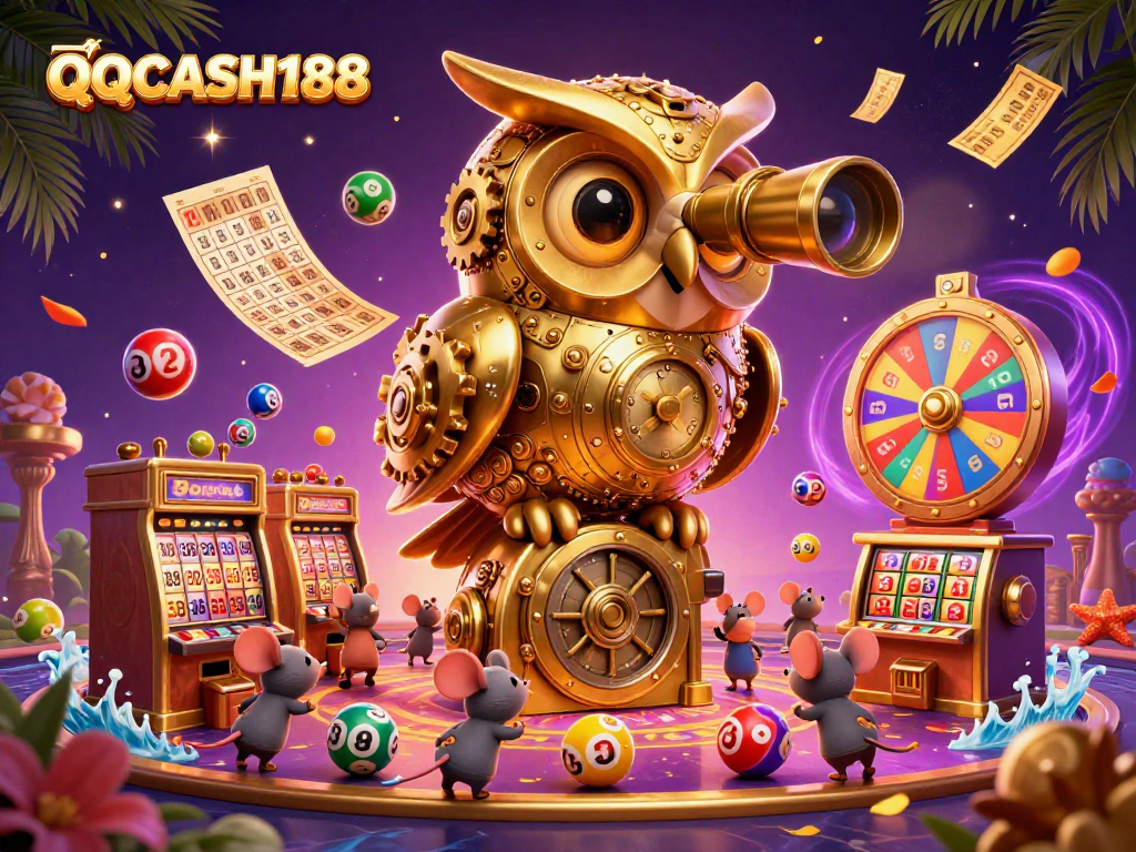 Experience the excitement of QQCASH188 with vibrant lottery elements and characters in a dynamic casino scene.
