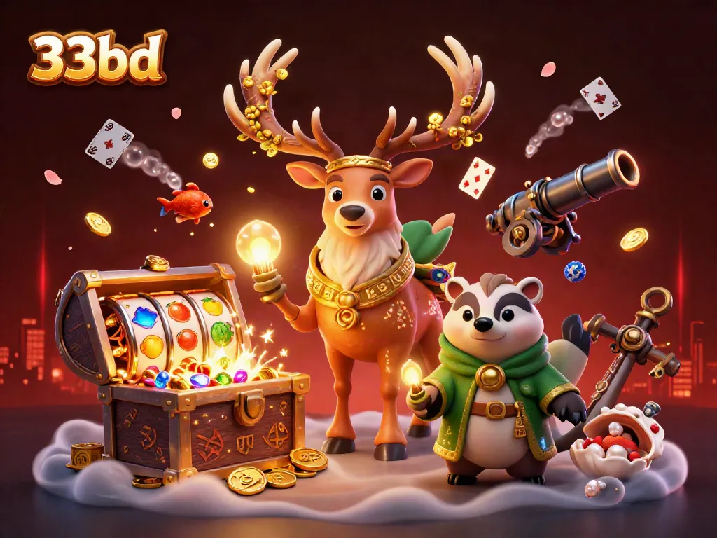 Engage with winning slots at 33bd featuring a vibrant 3D scene of casino characters and thrilling game elements.