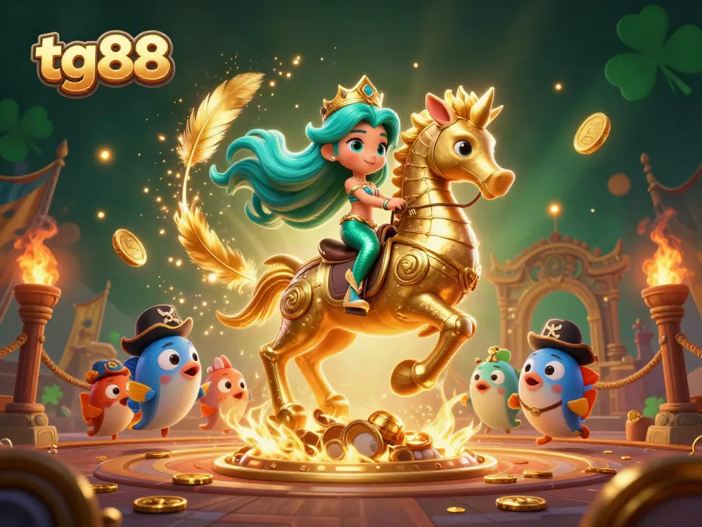 Experience thrilling adventures with tg88 featuring a 3D mermaid and seahorse amid vibrant casino elements.