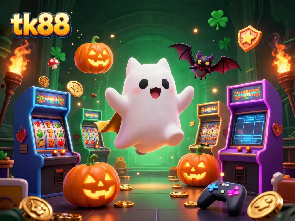 Engage with tk88 as a ghost cat and bat explore a vibrant haunted casino scene.