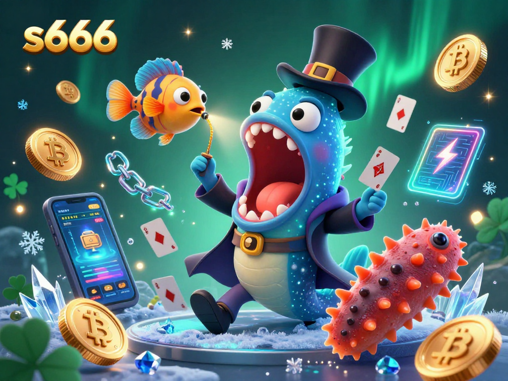S666 offers thrilling card tricks in a vibrant 3D casino scene featuring unique sea creatures.