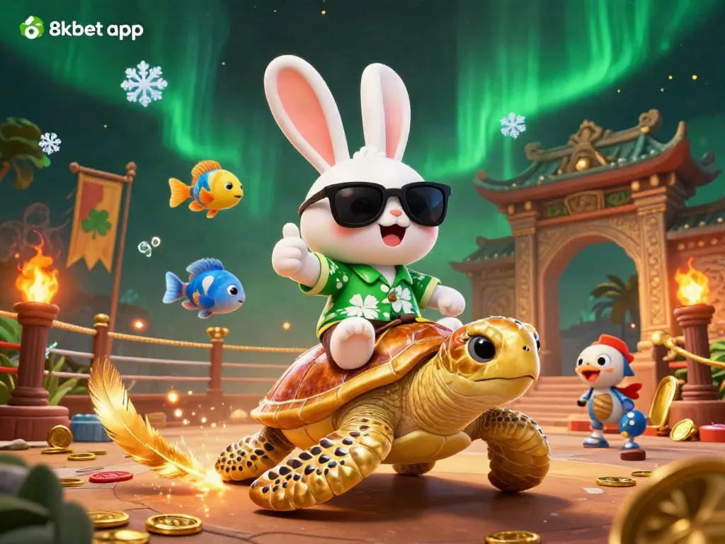 Experience the 8xbet app with a vibrant illustration of a lucky rabbit on a golden turtle, surrounded by tropical elements.