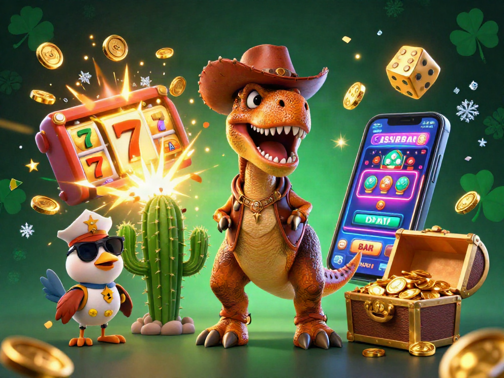 Engage in mm88, featuring a lively T-Rex and friends amidst jackpot symbols and casino games.