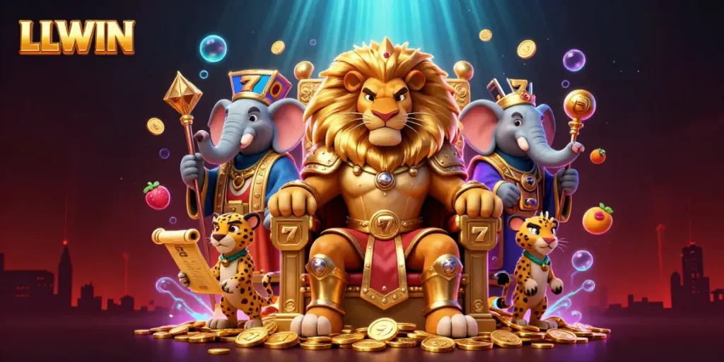 Experience exhilarating gameplay at LLWIN with a dazzling 3D illustration featuring the king and his advisors in an animated casino setting.