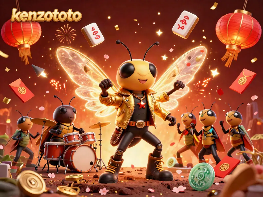 Engage with kenzototo games featuring a dynamic scene of a cicada rock star and vibrant casino elements.