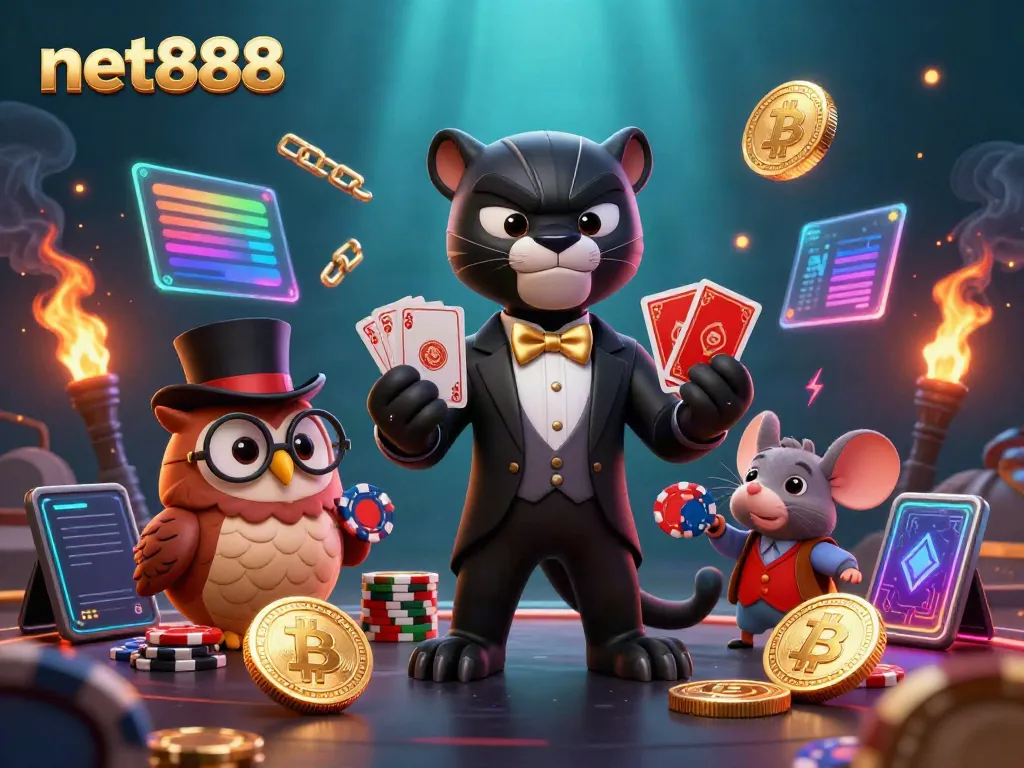 Experience excitement at net888 with a stylish panther dealing cards, a smart owl, and a lucky mouse amidst vibrant casino elements.