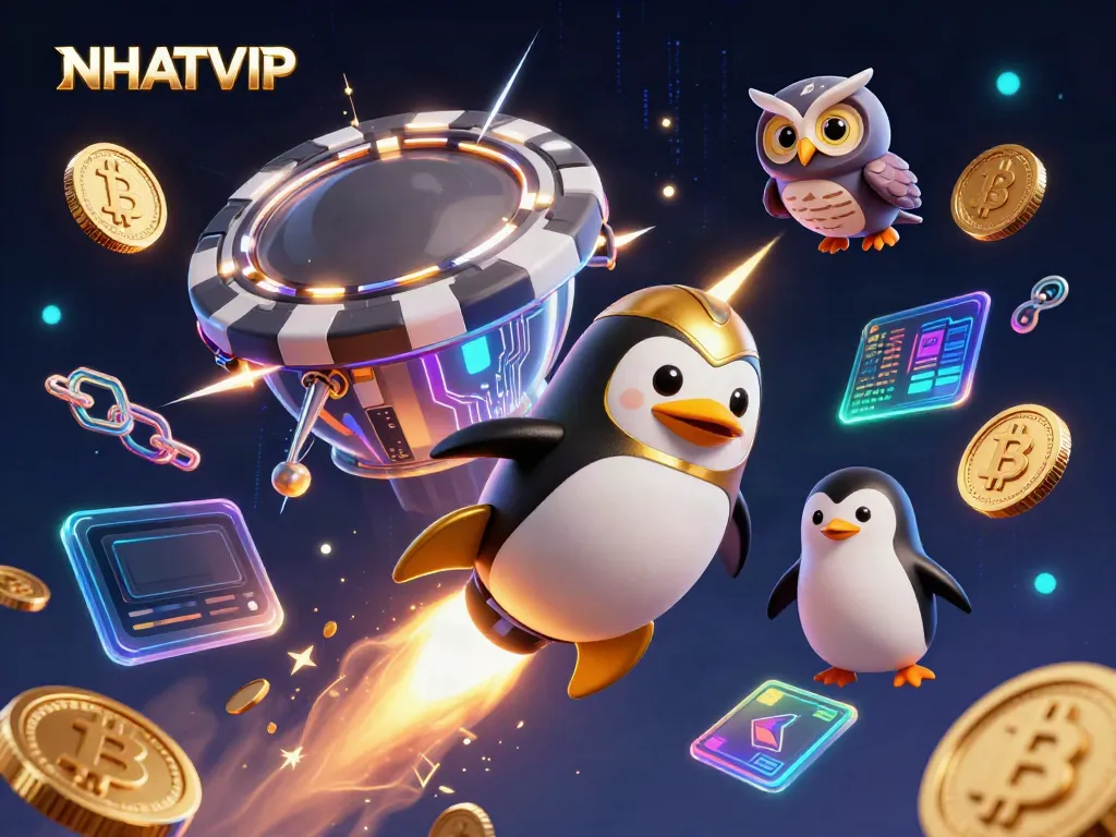 Spin and win with NHATVIP as a golden penguin blasts through a cosmic casino.