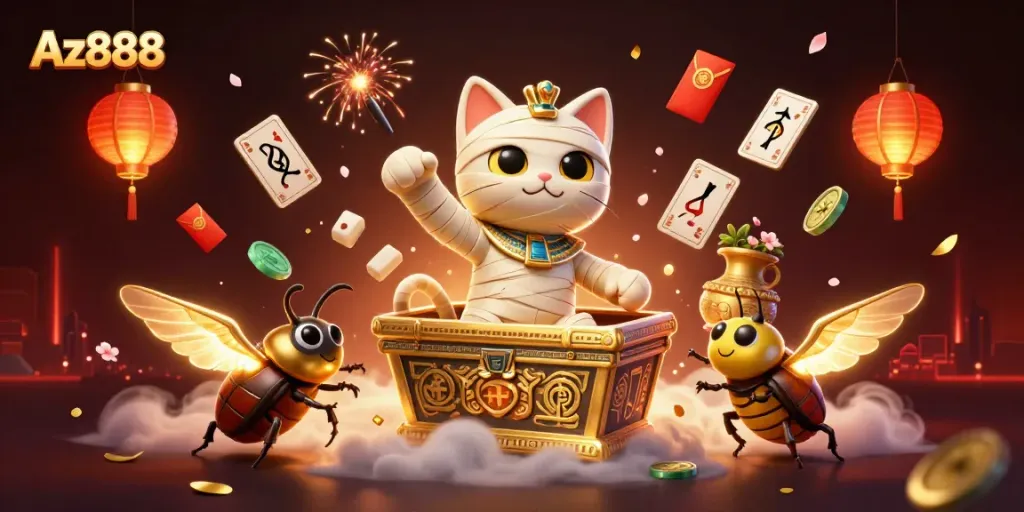 Exciting scene of Az888 showcasing a mummy cat with gaming elements in a vibrant casino