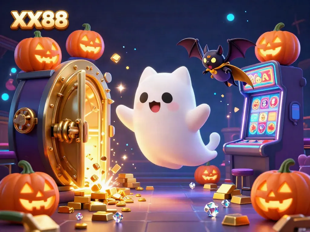 Experience the enchanting XX88 casino adventure featuring a ghost cat and bat amidst glowing slot machines and treasure.