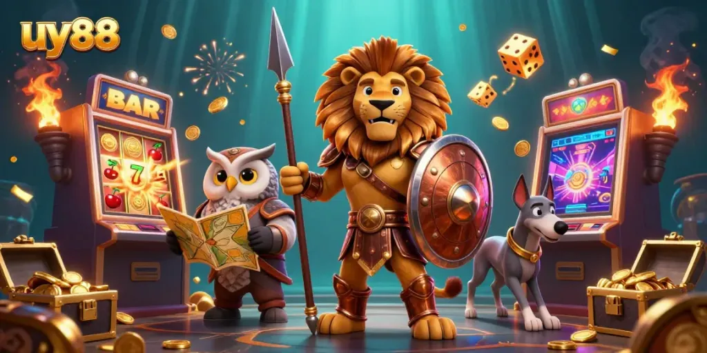 Experience epic wins with uy88 as a Spartan lion, tactical owl, and greyhound celebrate in a vibrant casino scene.