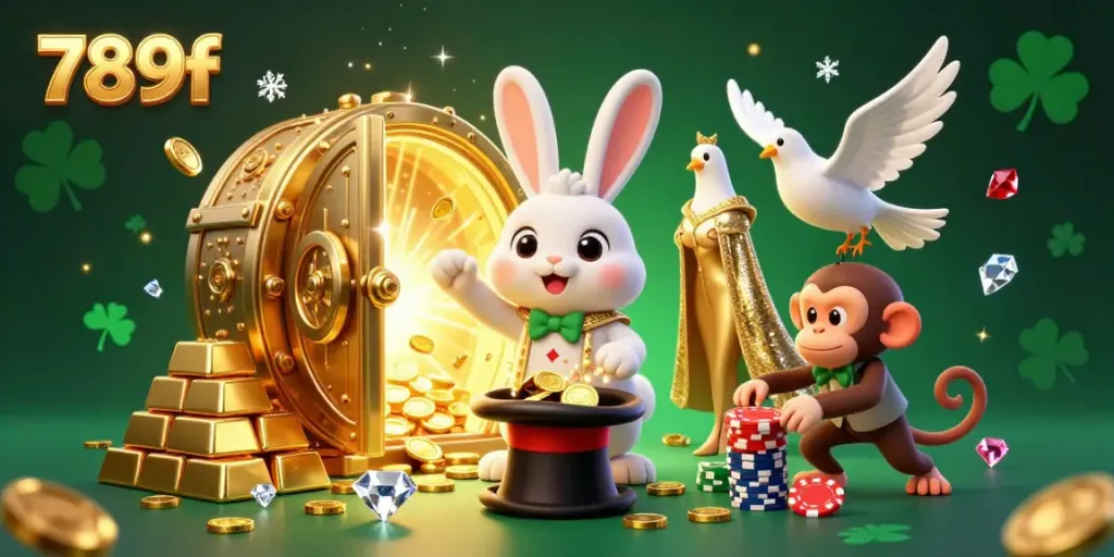 Experience the thrill of 789f with a magical scene of a rabbit, dove, and monkey amidst golden treasures and casino elements.