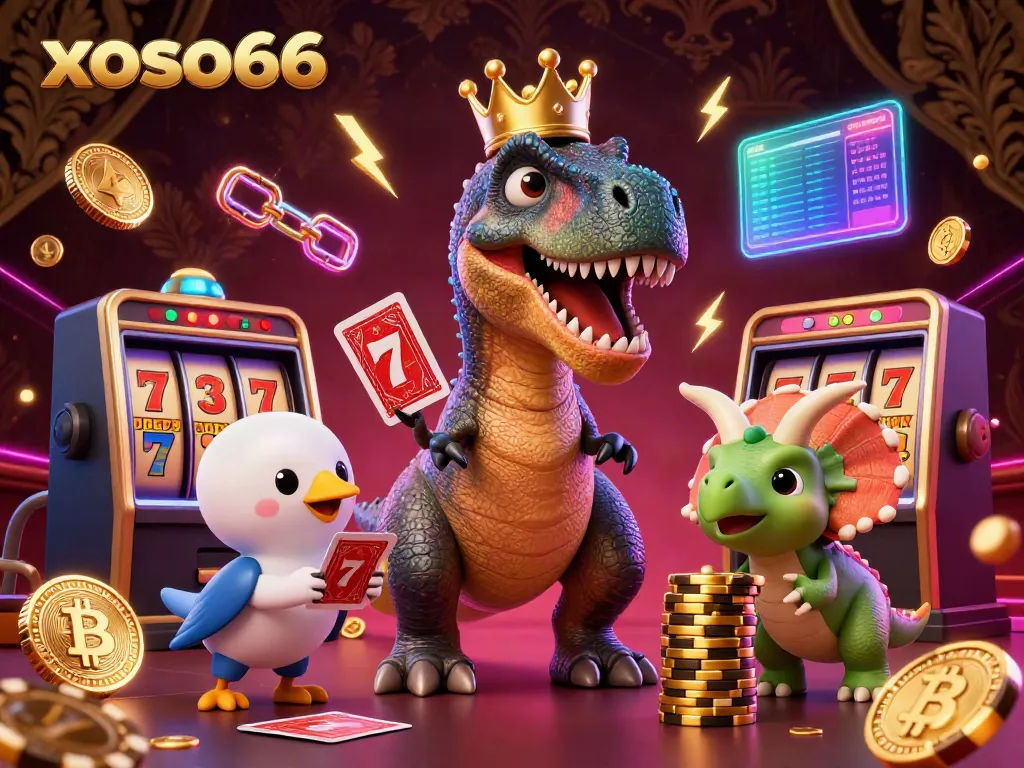 xoso66 casino scene featuring a T-Rex and triceratops engaging in card games with neon crypto elements.