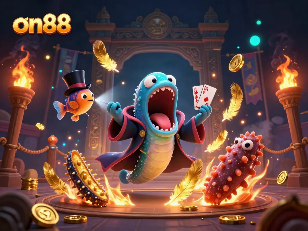 Engage in thrilling action at on88 with a unique underwater casino scene featuring vibrant characters and magical elements.