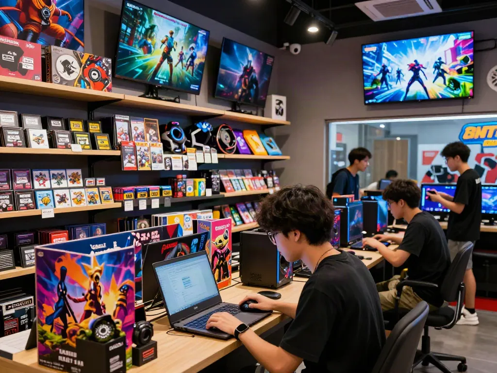 Warung168 store with vibrant gaming atmosphere, customers exploring digital games and accessories.