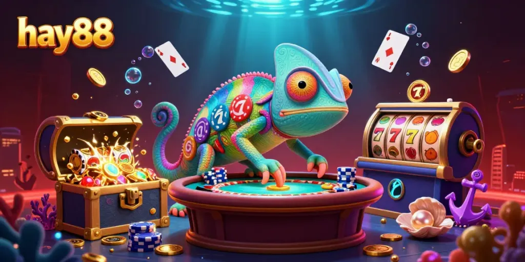 Experience the thrill of hay88 with an enormous chameleon casino owner amid vibrant gaming elements.