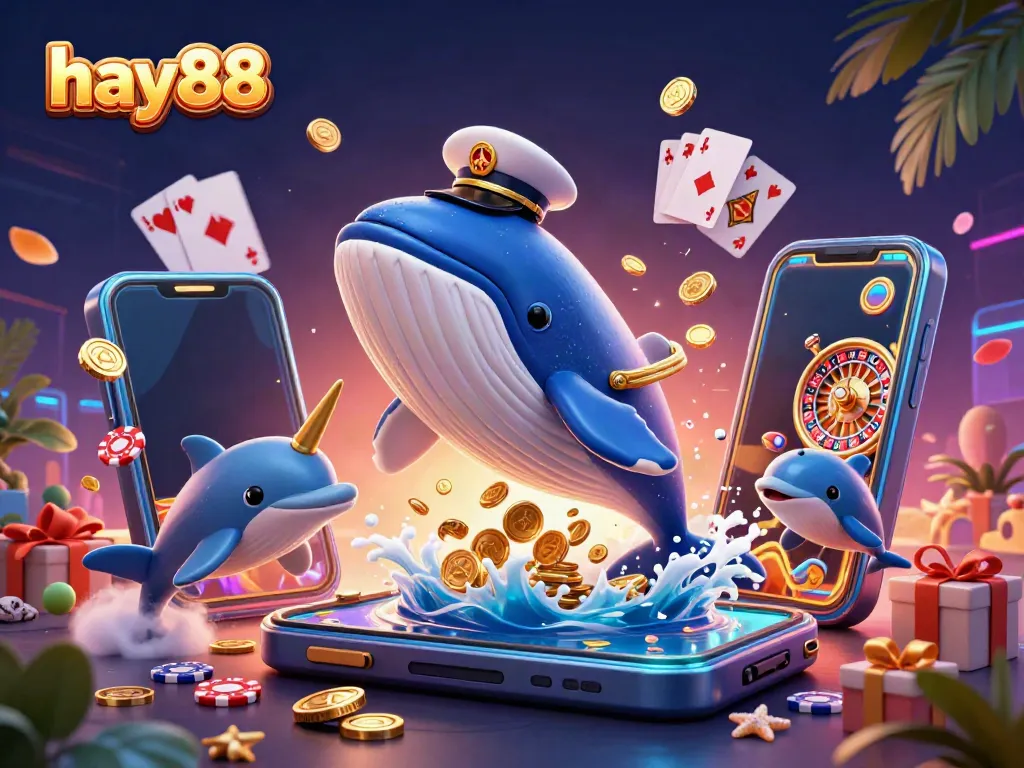 Experience the excitement at hay88 with a vibrant underwater casino adventure featuring a breaching whale and playful dolphins.