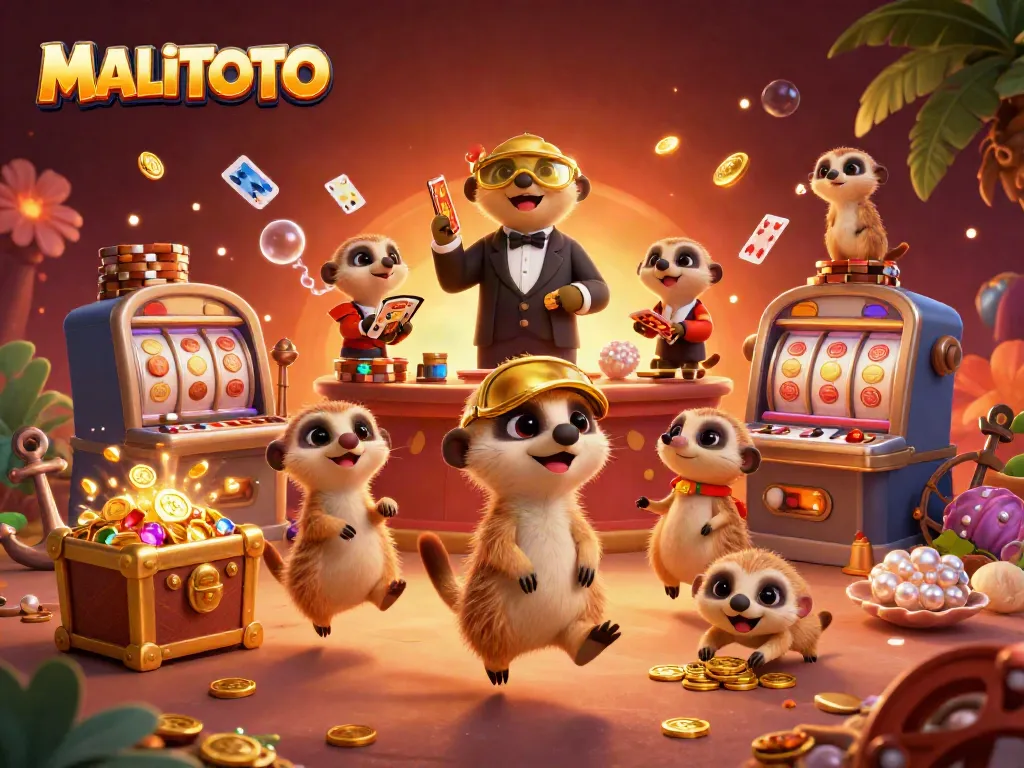 MALITOTO meerkats energetically managing a vibrant casino scene, filled with treasures and slot machines.