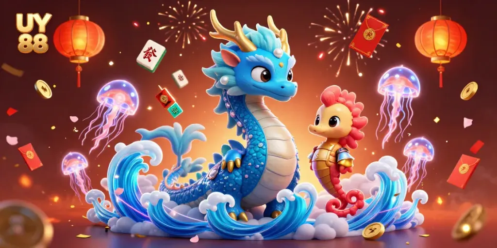 Experience thrilling UY 88 casino adventures with a shimmering azure dragon and festive elements.