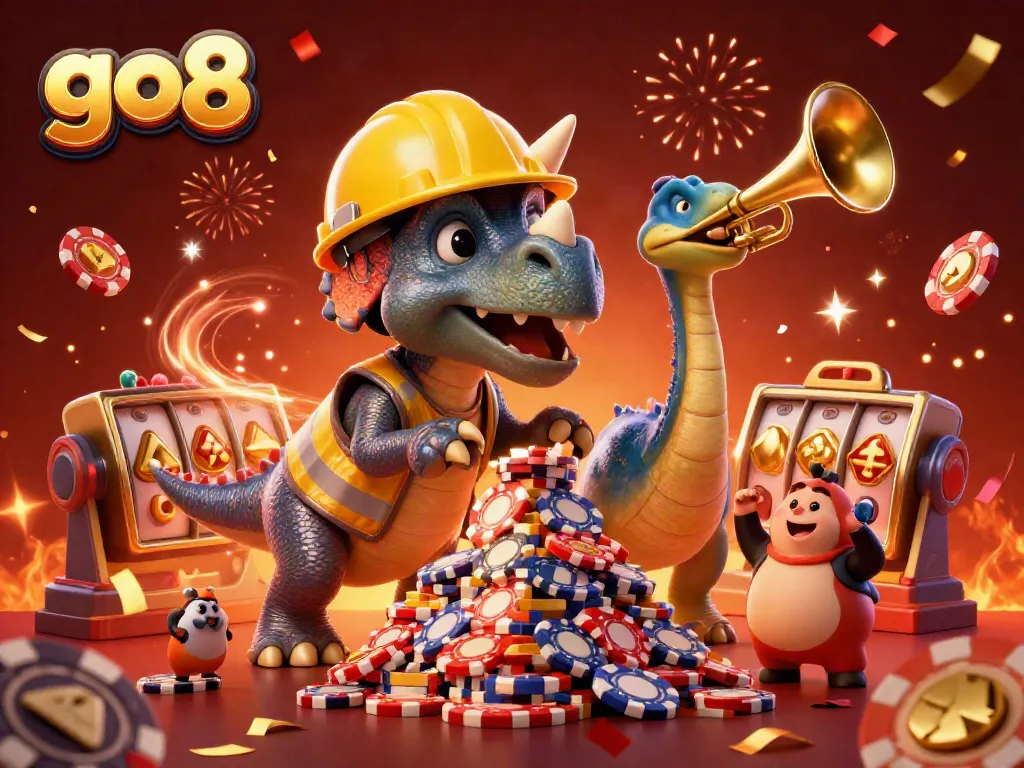 Celebrate wins at go8 with a vibrant casino scene featuring lively characters and dynamic gaming elements.