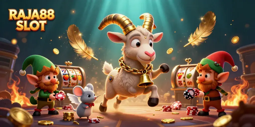 Experience the thrill of RAJA88 SLOT with a festive casino scene featuring a Krampus goat and playful characters.