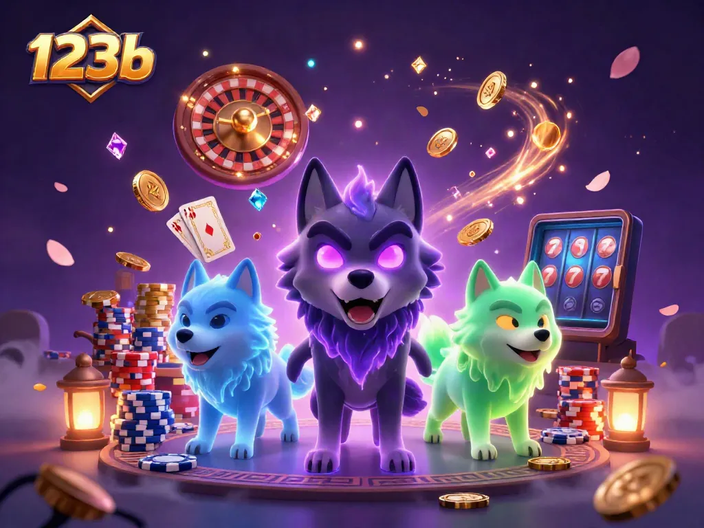 Experience thrilling 123b gaming with animated wolves amidst flying coins and casino elements.