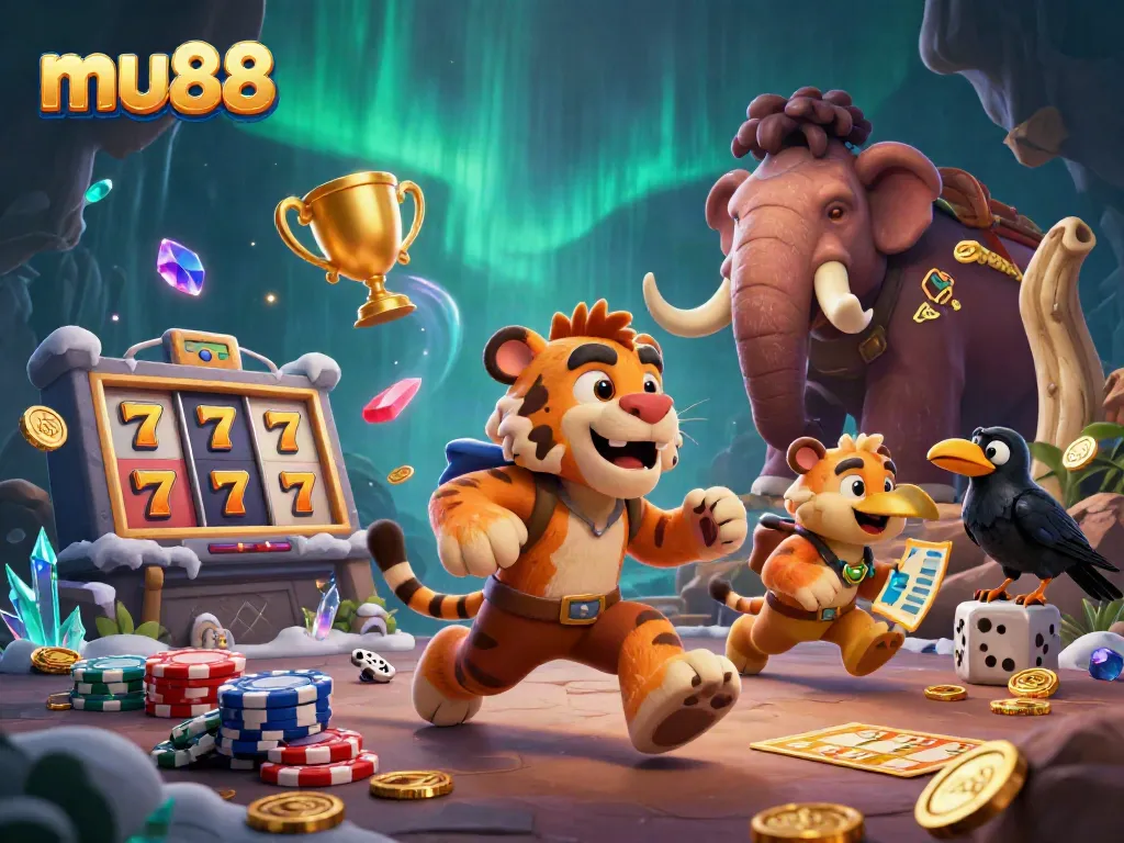 Experience thrilling gaming with mu88, showcasing a dynamic prehistoric casino scene filled with slot reels and vibrant characters.