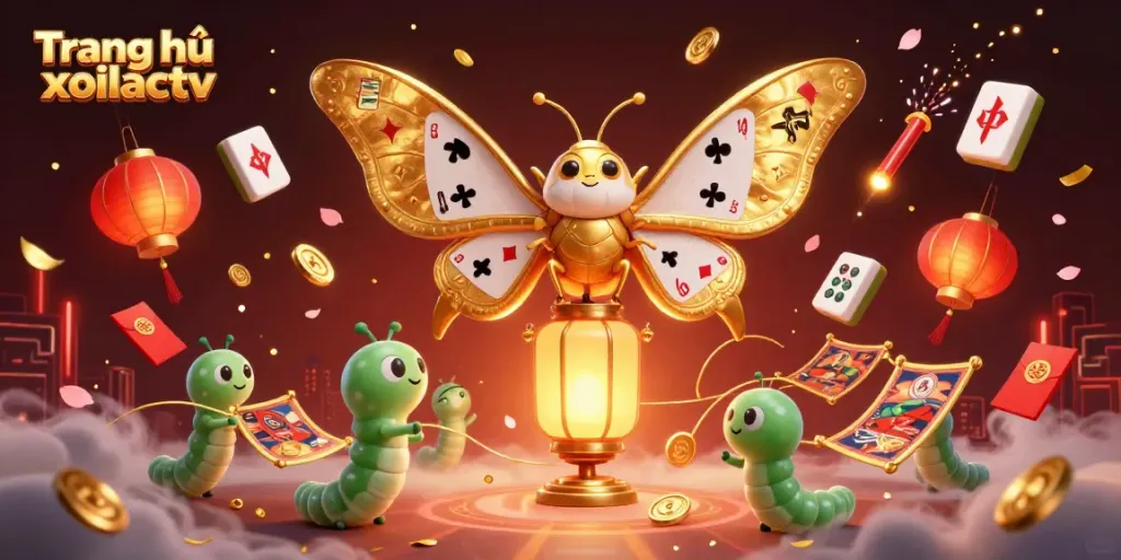 Visualize Trang chủ xoilactv featuring a golden moth with expansive wings showcasing playing card suits amidst illuminating casino elements.