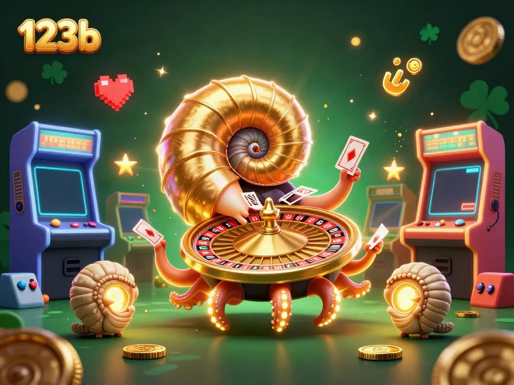 Experience the excitement of 123b with a vibrant 3D casino scene featuring a golden nautilus roulette wheel.