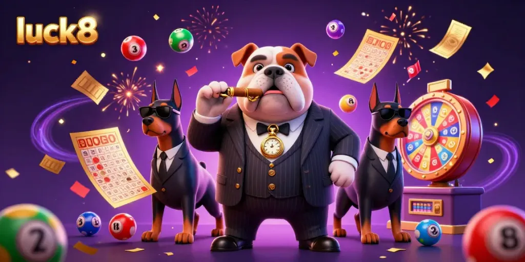 Engage with luck8's vibrant gaming world in this dynamic 3D scene filled with lottery elements.