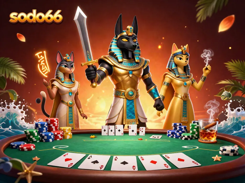 Experience epic gambling adventures with Sodo66's dynamic casino scene featuring Anubis and Bastet.