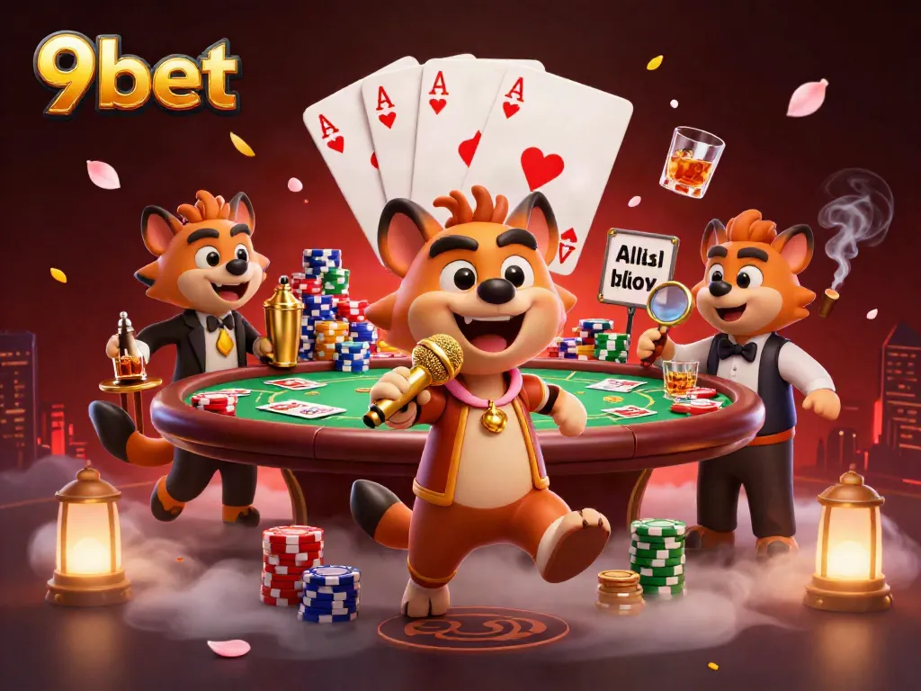 Engage with 9bet's vibrant casino world featuring hyenas in a comedy club setting.