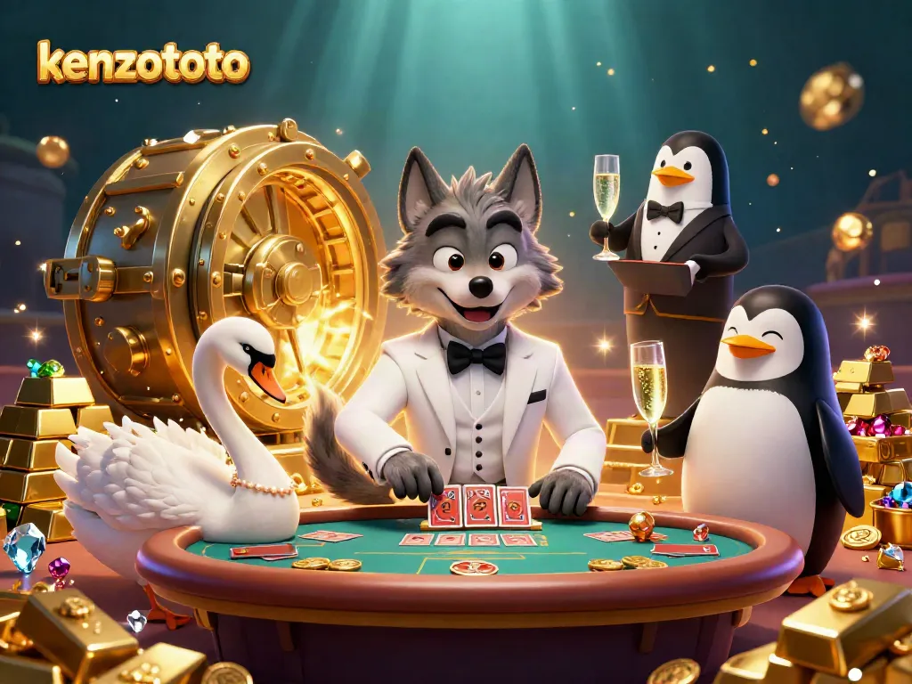 Experience the thrill of kenzototo with a high-stakes baccarat scene featuring a debonair wolf, elegant swan, and sophisticated penguin.