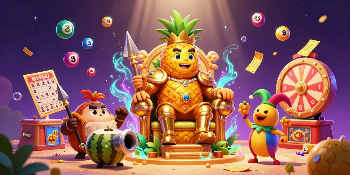 Experience the excitement of SKY88 with a colorful beach casino scene showcasing a golden pineapple king and lively game elements.
