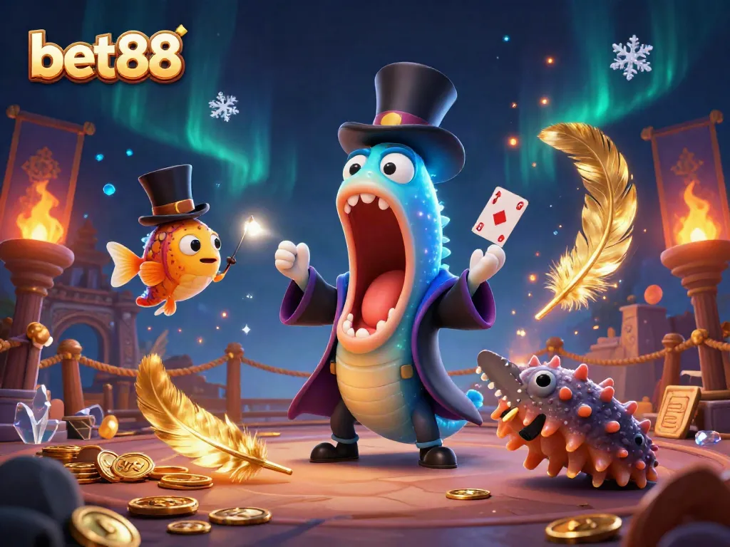 Experience excitement at bet88 while a gulper eel performs magic tricks amidst vibrant casino elements.