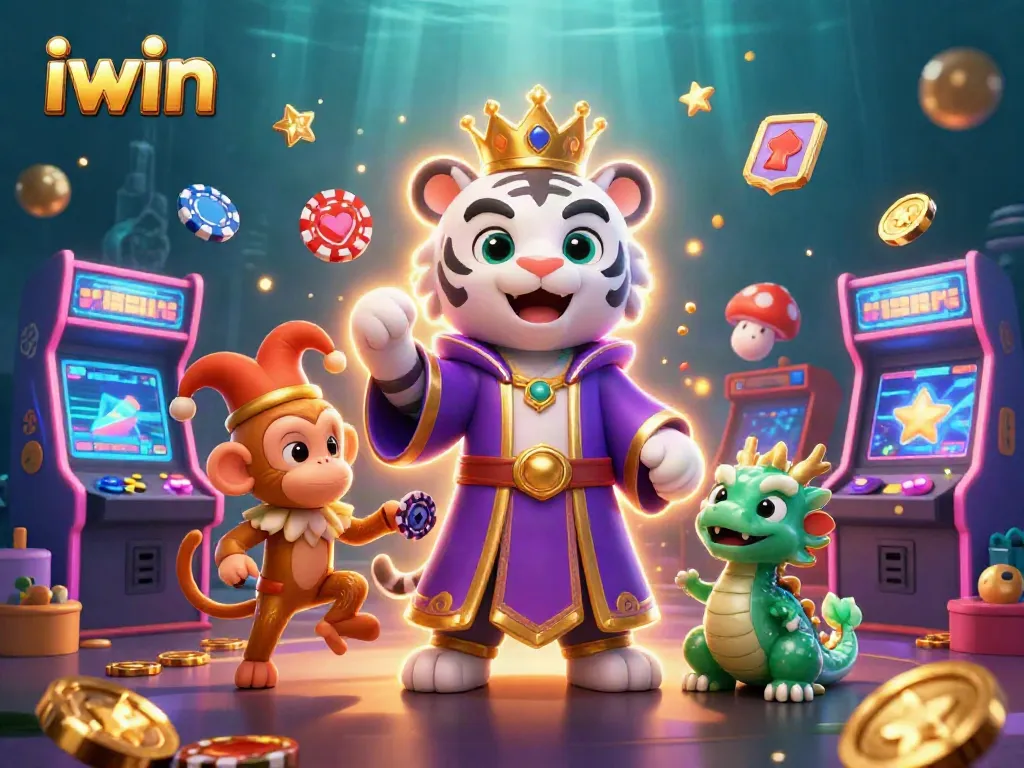 Engage in thrilling gameplay at iwin with a whimsical scene featuring casino characters and gaming elements.