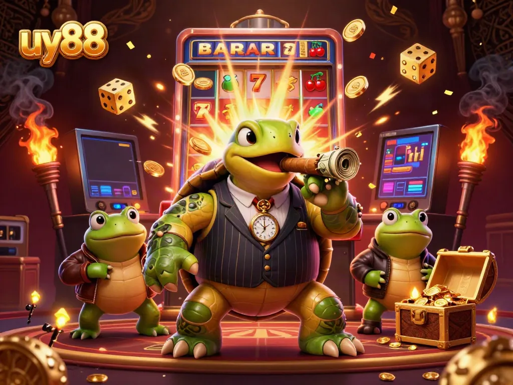 Players enjoy a dynamic casino scene at uy88 with a snapping turtle mobster and jackpot excitement.