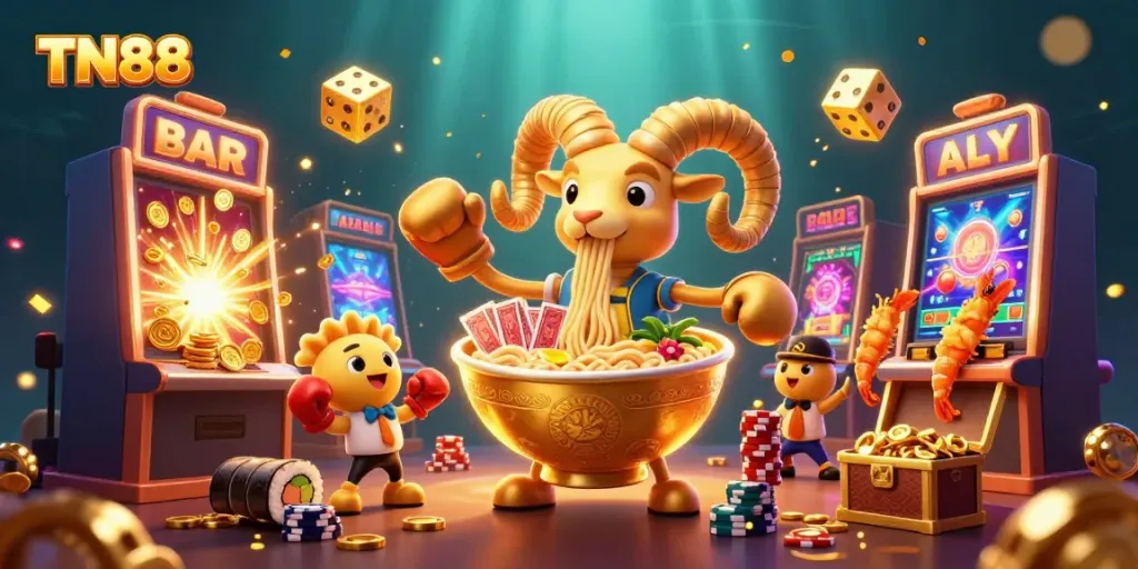 Experience TN88's thrilling casino action with a golden ramen bowl dealer in an energetic 3D scene.