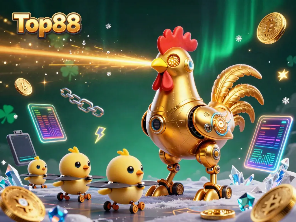 Win big with Top88 at the crypto casino featuring a golden rooster robot and baby chick drones.