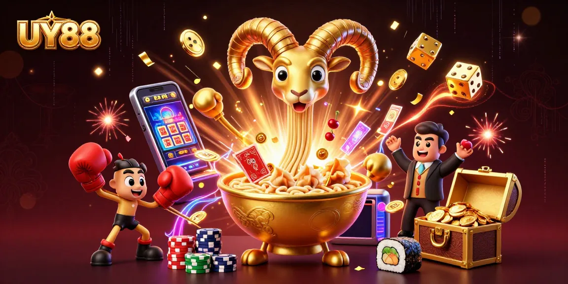 Spin and win with UY88's vibrant casino scene featuring a golden ramen bowl and exciting characters.