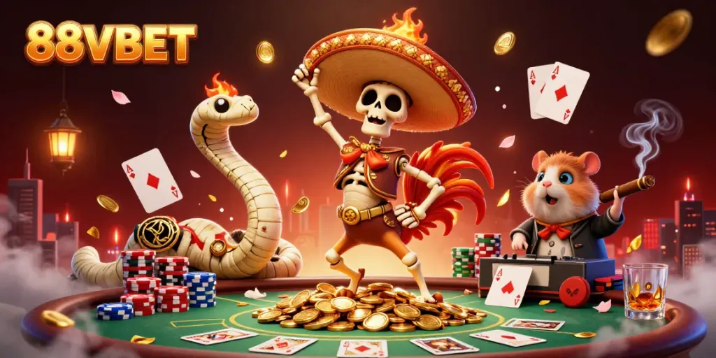 88VBET showcases a vibrant victory dance scene with animated characters and casino elements.