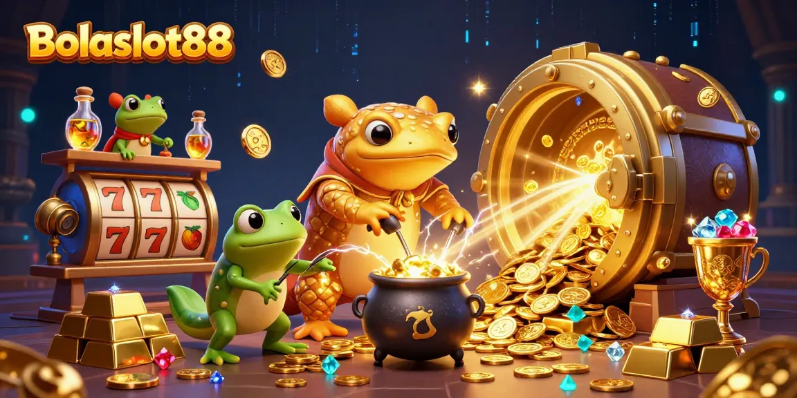 Bolaslot88 showcases golden alchemist characters in a bustling casino scene full of treasures.