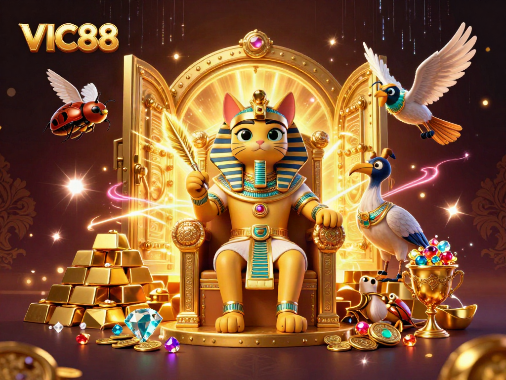 Experience VIC88 with a dazzling treasure scene of a Pharaoh cat and jewels highlighting gaming excitement.