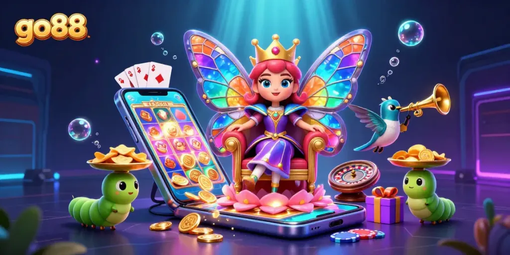 Unveil the excitement of go88 with a vibrant casino scene featuring a butterfly queen and gaming elements.